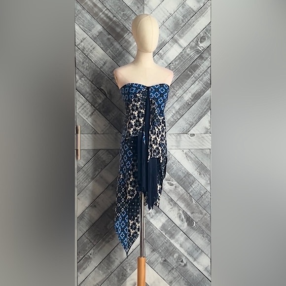 BCBG MAXAZRIA ENID PACIFIC BLUE PATCHWORK ASYMMETRICAL DRESS with FRINGE NWOT - Picture 4 of 11